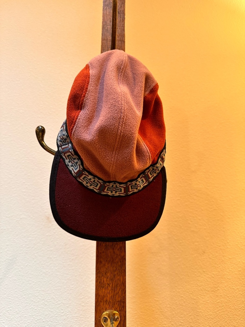 Kavu Patchwork Fleece Cap with Woven Band - Rust & Pink